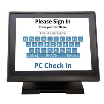 PC CHeck In can use a PC touch screen or an Apple iPad for the kiosk.